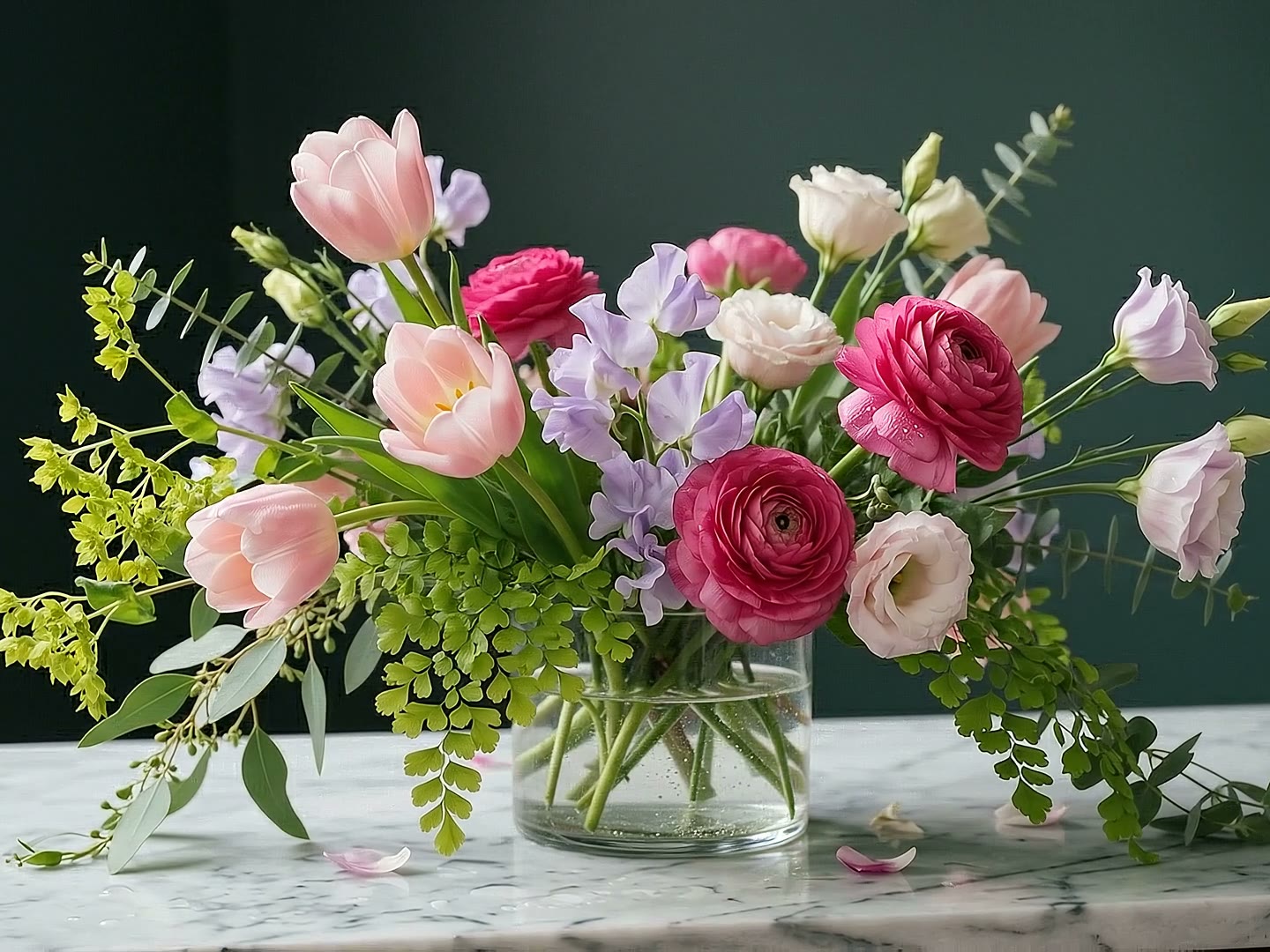 A florist's hands wiring a bouquet, twine and shears on the bench